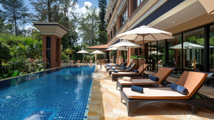 Wall Mural - A swimming pool area with multiple lounge chairs, umbrellas, and blue water under a sunny sky