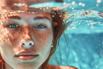 Wall Mural - Close up of a woman's face under water in a swimming pool, conveying a summer vacation concept, with high detail and photo realistic style,