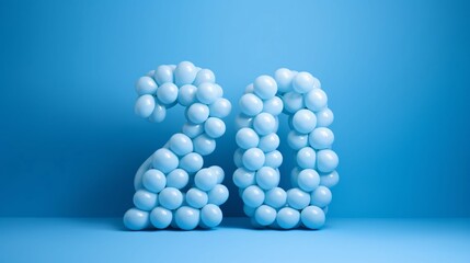 Wall Mural - Number 20 made of white balloons on blue background. 3D rendering