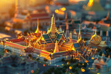 Wall Mural - A cityscape with a large palace and the temple. The palace is surrounded by smaller buildings on bokeh style background