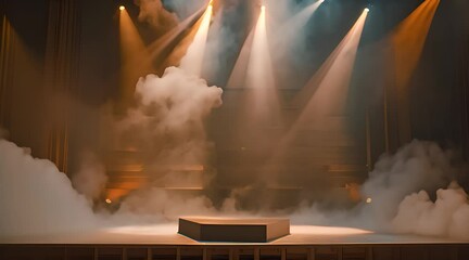 Poster - Dimly lit stage with a smoky atmosphere, illuminated by multiple spotlights converging on an empty platform.