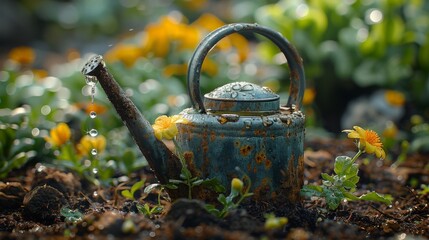 garden watering In fertile soil with new fresh green plant.