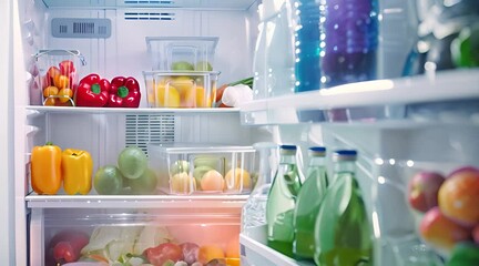 Canvas Print - Refrigerator interior with fresh vegetables, fruits, and bottled beverages organized neatly on shelves.