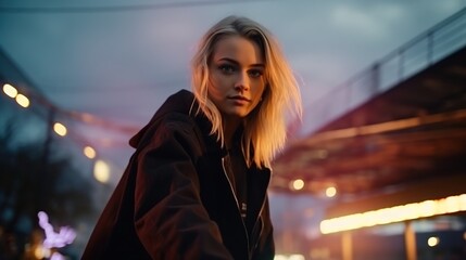 Canvas Print - Captivating Blonde Woman in Dramatic City Nightscape