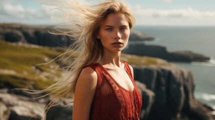 Canvas Print - Blonde Woman in Windswept Red Dress Against Scenic Mountainous Backdrop