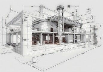 Aufkleber - Industrial construction, wireframe rendering, technical illustration