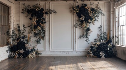 Wall Mural - Minimalist wedding interior with blank posters and beautiful black flowers on the walls