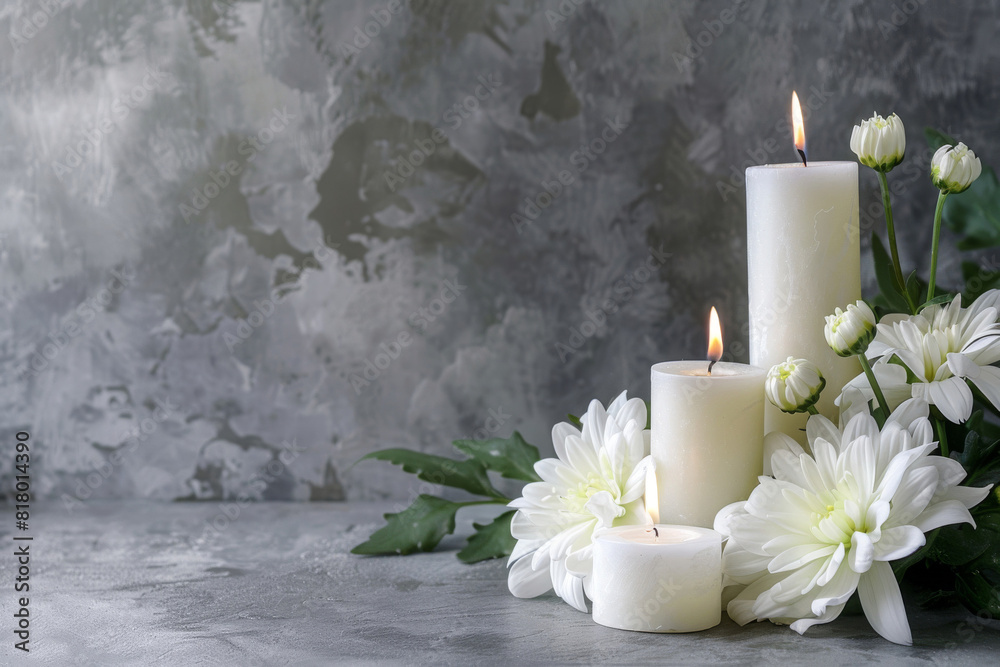 Somber condolence background featuring lit white candles amid fresh ...