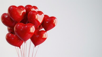 Wall Mural - Red balloons in the shape of a heart filled with helium, on a white background ,Red heart-shaped balloons on strings, Light background, Heart as a symbol of affection and love