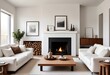© Uzzi1001 - 3D A modern living room with white sofa, home desk, dry flowers in a vase, ceramics, fireplace, industrial style