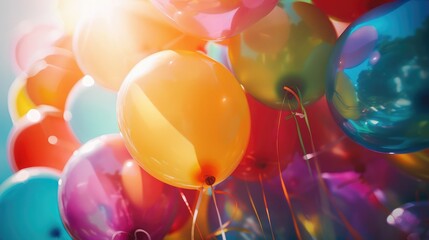 Wall Mural - Sunlight against colorful gas-filled balloons attached to the yarn, Colorful balloons background, Colored balloons on the background of the blue sky, birthday balloons ,empty space