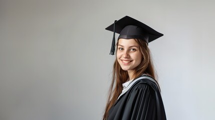 Graduating female student in cap and gown celebrating academic success with face obscured