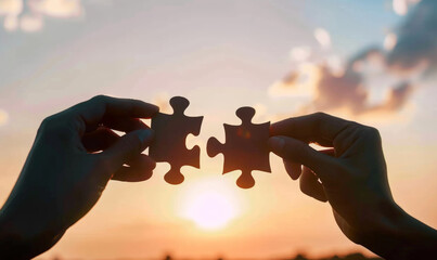 two hands of businessman to connect couple puzzle piece with sky background, symbol of association and connection.business strategy