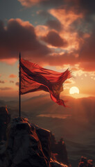 Sticker - Majestic flag flowing in the wind on mountain top at sunset, destination, goals and  overcoming difficulties concepts
