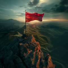 Wall Mural - Flag is on mountain top, destination and achievement concepts