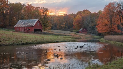 Wall Mural - A tranquil pond with ducks swimming near a farm.