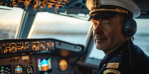 Poster - A seasoned pilot dressed in a professional uniform, sitting inside the cockpit. Generative AI.