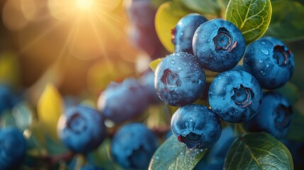 Poster - A close-up of ripe blueberries hanging on the bush.