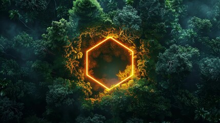 Wall Mural - An enchanting scene of a glowing neon hexagon of green and orange