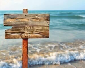 Sticker - Beach Sign. Wooden Signboard with Beach and Sea Surf Background