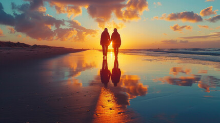 Wall Mural - Two people walking on a beach at sunset
