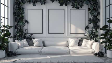 Wall Mural - Minimalist wedding interior with blank posters and beautiful black flowers on the walls