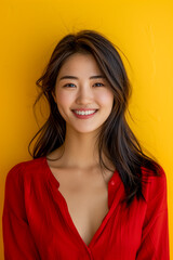 Wall Mural - Young asian woman smiling red blouse yellow background