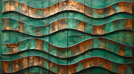 A green and brown piece of art with a wave pattern. The colors are vibrant and the design is intricate