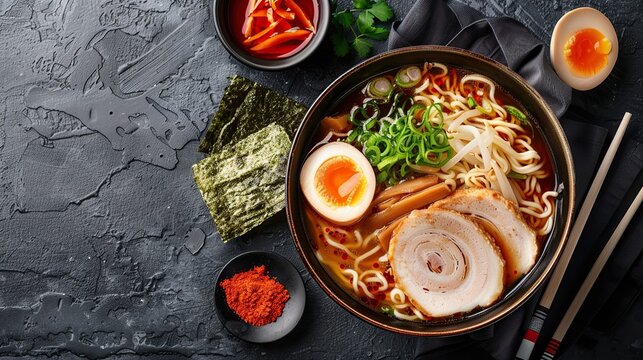 Japanese soup ramen in bowl on dark background. Commercial promotional food  