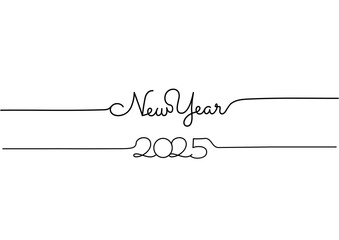 2025 New Year, single line lettering, hand drawn, line art. Isolated on white background