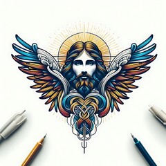 Wall Mural - A drawing of a jesus christ with wings and a sword photos attractive harmony.