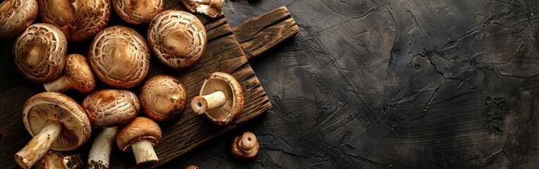 Wall Mural - Forest Mushroom Feast: Fresh and Dried Boletus Edulis, Penny Bun, and Cep Porcini on Dark Wooden Cutting Board - Top View Food Photography Background