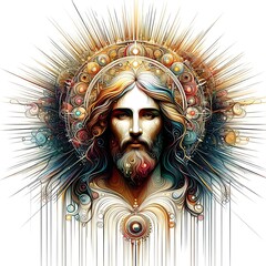 Wall Mural - A painting of a jesus christ with a beard and a colorful crown art has illustrative realistic card design lively.