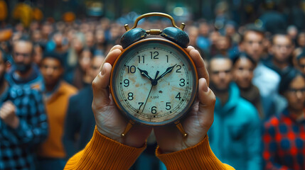 A businessman is holding an alarm clock over a crowd of people. Time management. Hourly wages, strict work limits and time allotted for rest. Urgently, speeding up, deadline. Test, trial period