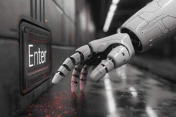 Poster - A robot is touching a button that says enter