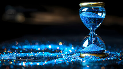 Wall Mural - Hourglass is sand of time age, Life pour blue sand into hourglass to add more limited time. Deadline extended time management hope concept hour glass. Black background shadow life clock passing by