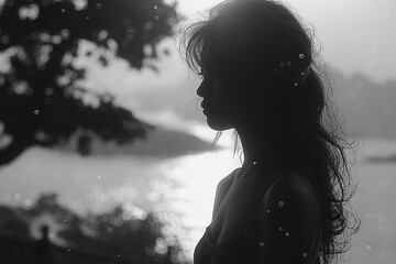 Wall Mural - A woman is standing on a beach with the ocean in the background. Lonely Sadness, Chasing love, the feelings dream of to fill the void of loneliness.