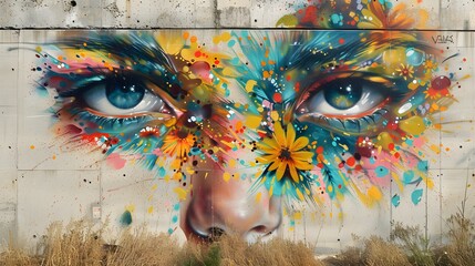 Abstract close-up of colorful graffiti art depicting a woman's face