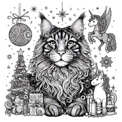 Wall Mural - A cat with a unicorn and presents attractive image realistic.