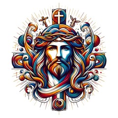 Poster - A colorful art of a jesus christ with long hair and a crown of thorns lively used for printing image meaning.