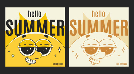 Set of summer posters or cards in retro groovy style with cute and smiling sun character. Square vector illustrations