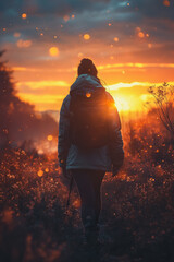 Wall Mural - A woman is walking in a field with a backpack on