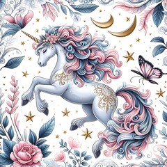 Wall Mural - A unicorn with pink mane and flowers realistic lively meaning harmony image