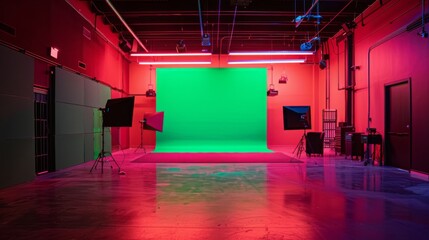 Poster - An indoor green screen studio setup with professional lighting and equipment, surrounded by vibrant red walls, ready for a nighttime shoot.