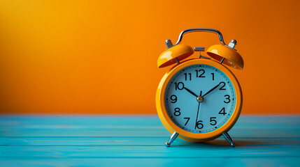 Wall Mural - Small yellow alarm clock on a two-color background 