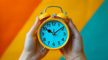 Wall Mural - Small yellow alarm clock on a two-color background 