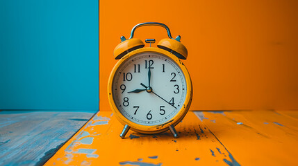 Wall Mural - Small yellow alarm clock on a two-color background 