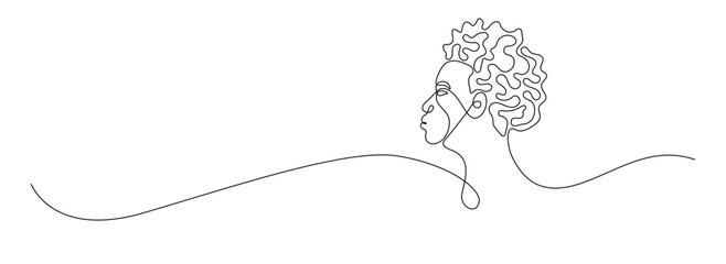 African woman drawing one continuous line. Happy juneteenth, black history month, emancipation, diverse. Black Afro American holiday celebration free hand drawn outline line art minimalism style.