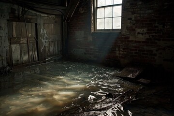 A decrepit basement flooded with an inch of murky water, sunlight barely penetrating a boarded-up window, revealing skeletal shapes lurking in the gloom