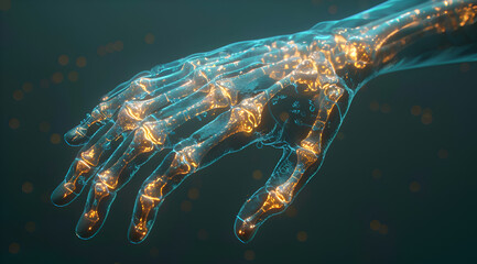 Wall Mural - A hand with a skeleton in the background. The skeleton is glowing and the hand is surrounded by a blue light